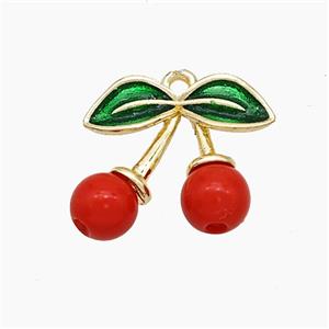 Copper Cherry Pendant Pave Red Resin Green Painted Gold Plated, approx 14-16mm [FN51150]