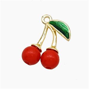 Copper Cherry Pendant Pave Red Resin Green Painted Gold Plated, approx 13-16mm [FN51151]