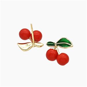 Copper Cherry Stud Earrings Pave Red Resin Gold Plated, approx 12-14mm [FN51156]