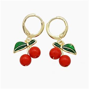 Copper Cherry Hoop Earrings Pave Red Resin Gold Plated, approx 12mm, 11mm dia [FN51157]