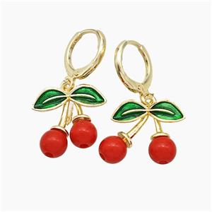 Copper Cherry Hoop Earrings Pave Red Resin Gold Plated, approx 16mm, 11mm dia [FN51158]