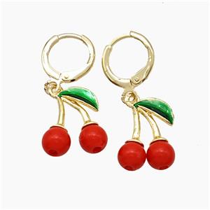 Copper Cherry Hoop Earrings Pave Red Resin Gold Plated, approx 14-16mm, 11mm dia [FN51159]