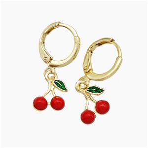 Copper Cherry Hoop Earrings Red Enamel Gold Plated, approx 8-9mm, 11mm dia [FN51160]