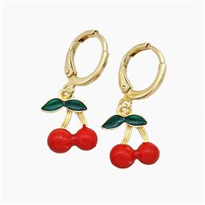 Copper Cherry Hoop Earrings Red Enamel Gold Plated, approx 10-12mm, 11mm dia [FN51161]