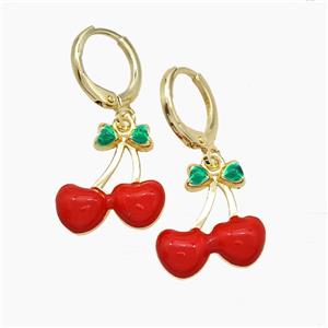 Copper Cherry Hoop Earrings Red Enamel Gold Plated, approx 15mm, 11mm dia [FN51162]