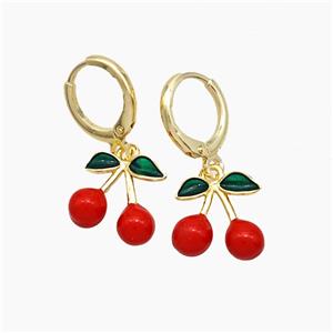 Copper Cherry Hoop Earrings Red Enamel Gold Plated, approx 12mm, 11mm dia [FN51163]
