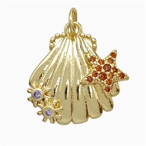 Copper Scallop Shell Pendant Pave Zirconia Starfish Gold Plated, approx 16-18mm [FN51189]