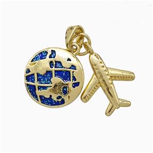 Copper Earth And Airplane Pendant Blue Painted Gold Plated, approx 14mm, 14-15mm [FN51207]