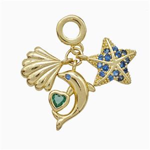 Scallop Shell And Starfish Dolphin Charms Copper Pendant Pave Zirconia Gold Plated, approx 12mm, 14mm, 12-15mm [FN51208]