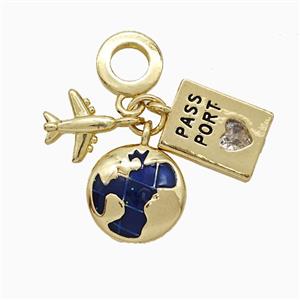 Earth And Airplane Passport Charms Copper Pendant Blue Painted Gold Plated, approx 9-12mm, 8mm dia [FN51212]