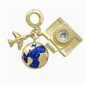 Earth And Airplane Camera Charms Copper Pendant Blue Painted Gold Plated, approx 9-12mm, 15mm, 8mm dia [FN51213]