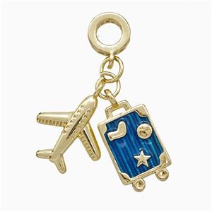 Airplane And Travel Box Charms Copper Pendant Blue Painted Gold Plated, approx 14-15mm, 9-16mm, 8mm dia [FN51214]