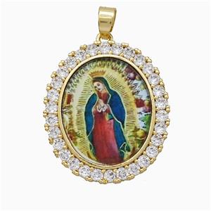 Copper Virgin Mary Pendant Pave Zirconia Painted Oval Gold Plated, approx 25-30mm [FN51218]