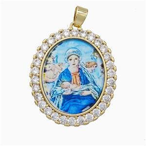 Copper Virgin Mary Pendant Pave Zirconia Painted Oval Gold Plated, approx 25-30mm [FN51219]