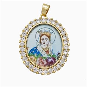 Copper Virgin Mary Pendant Pave Zirconia Painted Oval Gold Plated, approx 25-30mm [FN51220]