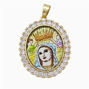 Copper Virgin Mary Pendant Pave Zirconia Painted Oval Gold Plated, approx 25-30mm [FN51221]
