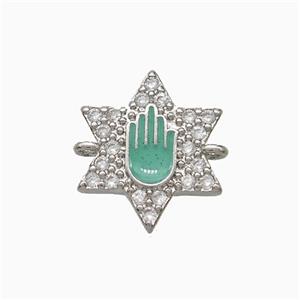 Copper Star Hand Connector Pave Zirconia Green Enamel Platinum Plated, approx 14mm [FN51397]