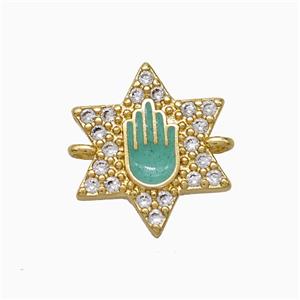 Copper Star Hand Connector Pave Zirconia Green Enamel Gold Plated, approx 14mm [FN51405]