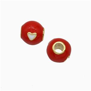 Copper Round Beads Red Enamel Heart Large Hole Gold Plated, approx 8mm, 2.5mm hole [FN51409]