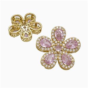 Copper Flower Pendant Pave Zirconia Pink Crystal Glass Gold Plated, approx 20mm [FN51446]