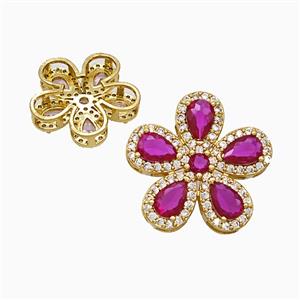 Copper Flower Pendant Pave Zirconia Fuchsia Crystal Glass Gold Plated, approx 20mm [FN51449]