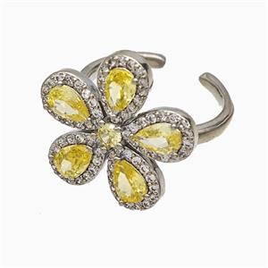 Copper Flower Rings Pave Zirconia Yellow Crystal Glass Platinum Plated, approx 20mm, 18mm dia [FN51453]