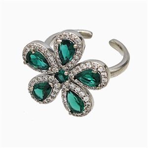 Copper Flower Rings Pave Zirconia Green Crystal Glass Platinum Plated, approx 20mm, 18mm dia [FN51454]