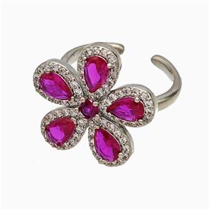 Copper Flower Rings Pave Zirconia Fuchsia Crystal Glass Platinum Plated, approx 20mm, 18mm dia [FN51455]