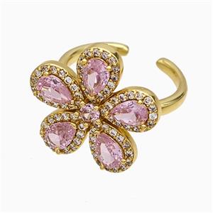 Copper Flower Rings Pave Zirconia Pink Crystal Glass Gold Plated, approx 20mm, 18mm dia [FN51457]