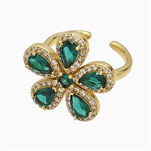 Copper Flower Rings Pave Zirconia Green Crystal Glass Gold Plated, approx 20mm, 18mm dia [FN51459]