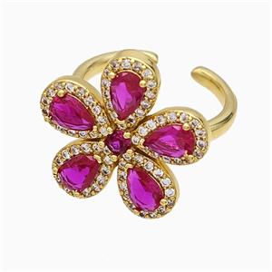 Copper Flower Rings Pave Zirconia Fuchsia Crystal Glass Gold Plated, approx 20mm, 18mm dia [FN51460]
