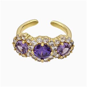 Copper Flower Rings Pave Zirconia Purple Crystal Glass Gold Plated, approx 10mm, 18mm dia [FN51505]