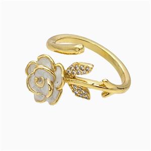 Copper Flower Rings Pave Zirconia White Enamel Gold Plated, approx 11mm, 18mm dia [FN51520]