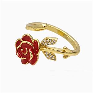Copper Flower Rings Pave Zirconia Red Enamel Gold Plated, approx 11mm, 18mm dia [FN51521]