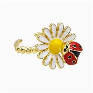 Copper Flower Ladybug Rings Red White Enamel Gold Plated, approx 17-19mm, 18mm dia [FN51522]