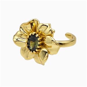 Copper Flower Rings Pave Crystal Glass Gold Plated, approx 16-20mm, 18mm dia [FN51529]