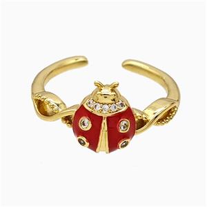Copper Ladybug Rings Pave Zirconia Red Enamel Gold Plated, approx 7-10mm, 18mm dia [FN51555]