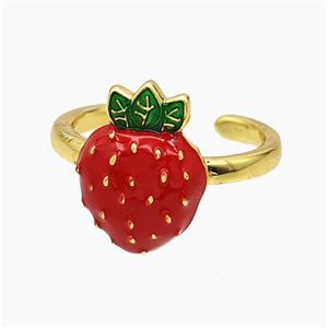 Copper Strawberry Rings Red Enamel Gold Plated, approx 12-16mm, 18mm dia [FN51560]