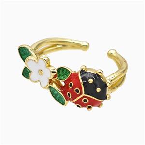 Copper Ladybug Rings Red Enamel Flower Gold Plated, approx 10-22mm, 18mm dia [FN51582]
