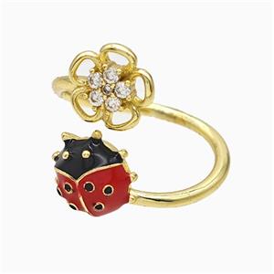 Copper Ladybug Rings Red Enamel Flower Gold Plated, approx 10mm, 18mm dia [FN51584]