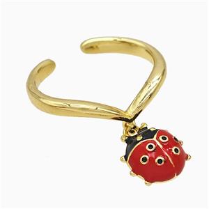 Copper Ladybug Rings Red Enamel Gold Plated, approx 10mm, 18mm dia [FN51585]