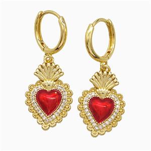 Copper Heart Hoop Earrings Pave Zirconia Red Painted Gold Plated, approx 14-20mm, 14mm dia [FN51596]