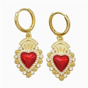 Copper Heart Hoop Earrings Pave Zirconia Red Painted Gold Plated, approx 16-22mm, 14mm dia [FN51598]