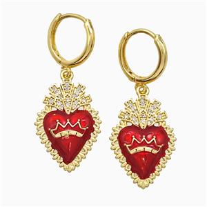 Copper Heart Hoop Earrings Pave Zirconia Red Painted Crown Gold Plated, approx 16-23mm, 14mm dia [FN51600]