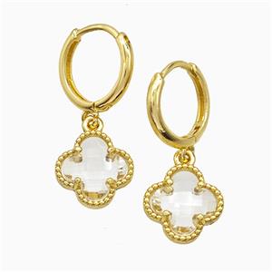 Copper Clover Hoop Earrings Pave Crystal Glass Gold Plated, approx 12mm, 14mm dia [FN51602]