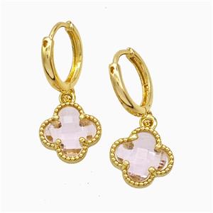 Copper Clover Hoop Earrings Pave Pink Crystal Glass Gold Plated, approx 12mm, 14mm dia [FN51603]