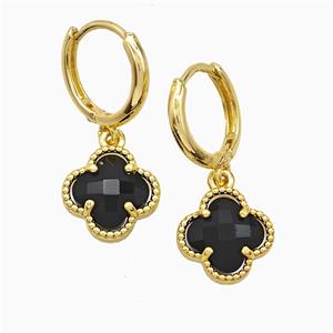 Copper Clover Hoop Earrings Pave Black Crystal Glass Gold Plated, approx 12mm, 14mm dia [FN51604]