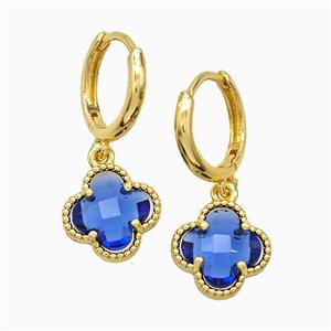 Copper Clover Hoop Earrings Pave Blue Crystal Glass Gold Plated, approx 12mm, 14mm dia [FN51605]