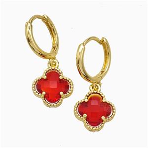 Copper Clover Hoop Earrings Pave Red Crystal Glass Gold Plated, approx 12mm, 14mm dia [FN51606]
