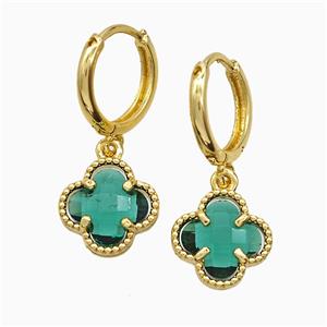Copper Clover Hoop Earrings Pave Green Crystal Glass Gold Plated, approx 12mm, 14mm dia [FN51607]